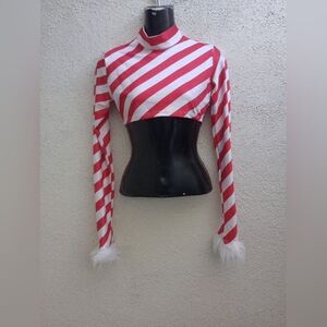Candy Canes Stripped Crop Top Long Sleeve Fur Cuff Christmas Holiday Festive